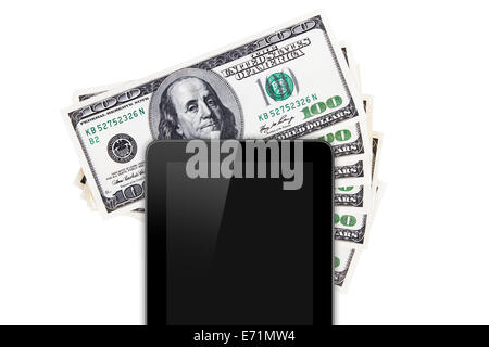 Finance concept, tablet with blank screen on one hundred dollar banknotes, isolated on white background. Stock Photo