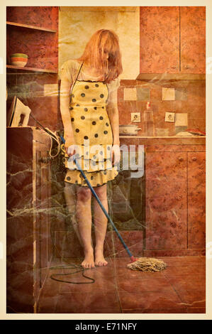 Vintage style photo of a housewife moping and cleaning. Retro style imagery Stock Photo