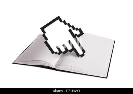 Blank open book or magazine with hand cursor symbol of mouse technology, isolated on white background. Stock Photo
