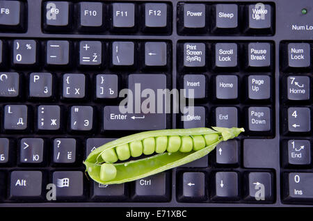 fresh sweet green pea pod on black computer keyboard Stock Photo