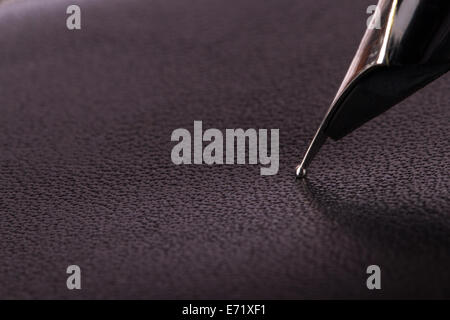 Close up view of seamless black leather texture background with fountain pen. Stock Photo