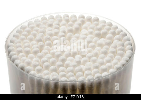 Detail of cotton swabs in a plastic box on white background Stock Photo