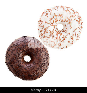 Dark and white chocolate sprinkle donuts isolated on white background Stock Photo