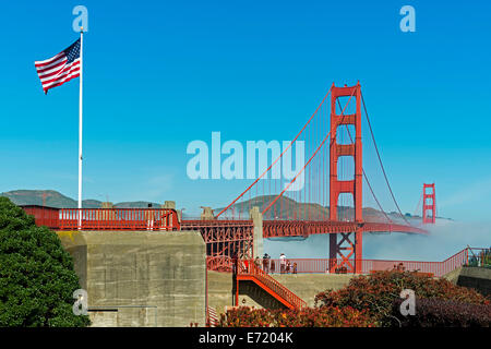 Golden Gate Bridge shrouded in fog, San Francisco, California Stock Photo