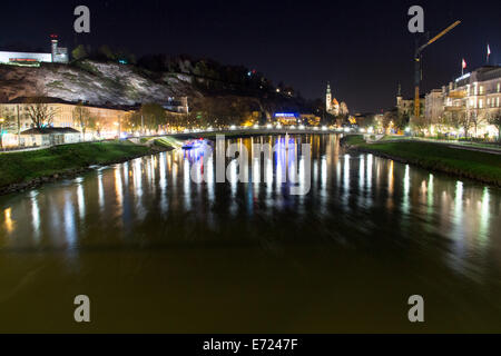 Austria: Salzburg with river Salzach at night. Photo from 29 March 2014. Stock Photo