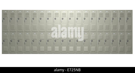 A front on view of a stack of metal school lockers with combination locks and doors shut on an isolated background Stock Photo