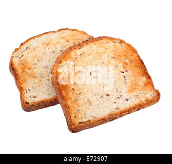 two crispy white bread toasts isolated on white background Stock Photo