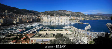 Panorama of Monaco with Port Hercule and the district of Monte-Carlo, seen from the historic town centre, Principality of Monaco Stock Photo