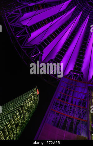 Germany, Berlin, Potzdamer Platz  Sony Centre with a section of its glass canopied roof and the nearby Bahn Tower. Stock Photo