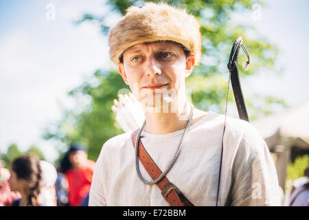 MINSK - JUL 19: Warrior participant of VI festival of medieval culture 'Our Grunwald', dedicated to 604 anniversary of Battle of Stock Photo