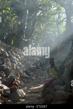 Smoky Alley In A Konso Village, Ethiopia Stock Photo