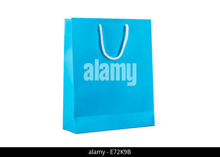 Blue cardboard shopping bag, isolated on white background. Stock Photo