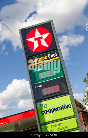 Petrol station forecourt sign with fuel and diesel prices Texaco