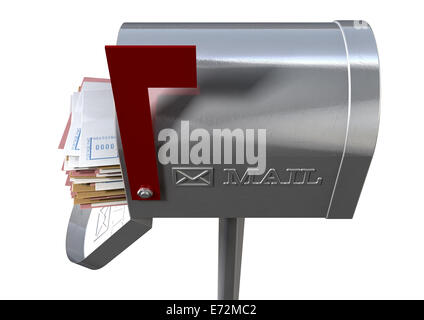 An open old school retro tin mailbox bulging with a stack of letters and envelopes crammed into it on an isolated background Stock Photo