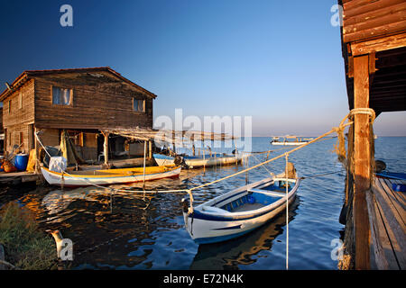 Cabins of mussel cultivators from Chalastra, Delta of Axios river, Thessaloniki, Macedonia, Greece. Stock Photo