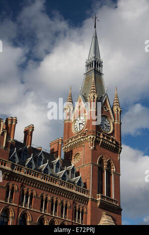 Architecture. The grandiose Victorian clock tower of St Pancras station in London. Designed by Sir George Gilbert Scott and completed in 1868. England Stock Photo