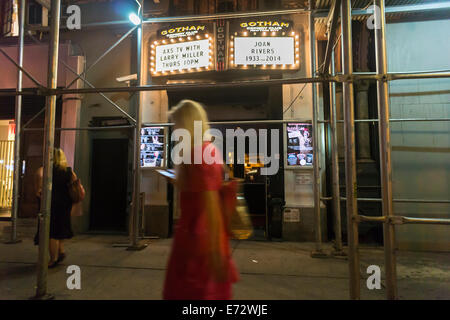 New York, NY, USA. 04th Sep, 2014. The marquee of the Gotham Comedy Club in Chelsea in New York on Thursday, September 4, 2014 displays a memorial to the late Joan Rivers. The comedienne passed away today at Mt. Sinai Hospital a week after being admitted with complications from a throat procedure. Credit:  Richard Levine/Alamy Live News Stock Photo