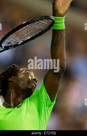 New York, NY, USA. 04th Sep, 2014. Gael Monfils (FRA) in quarterfinal action vs. Roger Federer (SUI)  at the 2014 US Open Tennis Championships. Credit:  PCN Photography/Alamy Live News Stock Photo