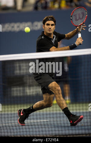 New York, NY, USA. 04th Sep, 2014. Roger Federer (SUI) in quarterfinal action vs. Gael Monfils (FRA) at the 2014 US Open Tennis Championships. Credit:  PCN Photography/Alamy Live News Stock Photo