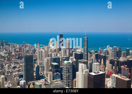 CHICAGO,USA-JULY 11,2013: Chicago skyline panorama aerial view with skyscrapers over Michigan Lake Stock Photo