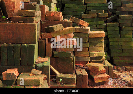 stack of old red bricks , humid bricks Stock Photo