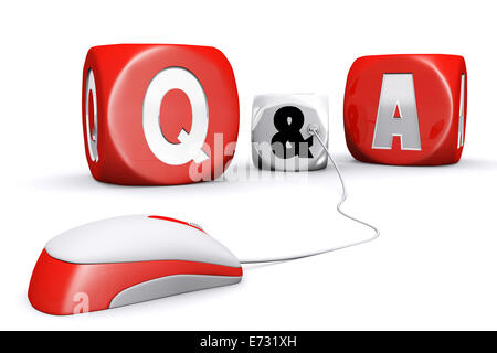 Mouse plug in white and red questions and answers dices with reflection on white background Stock Photo