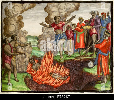 Sati in India, illustration from 'Indiae Orientalis' 1598 by Theodor de Bry. See description for further information. Stock Photo