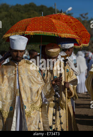 Ethiopian Orthodox Priest Celebrating The Colorful Timkat Epiphany Festival, Lalibela, Ethiopia Stock Photo