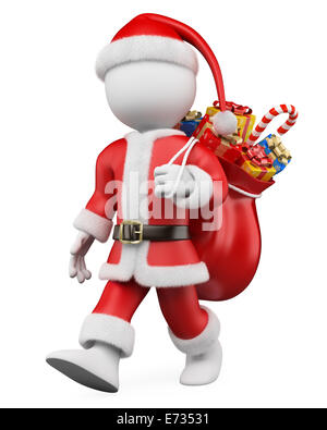 3d white christmas person. Santa Claus walking with a sack full of gifts. 3d image. Isolated white background. Stock Photo