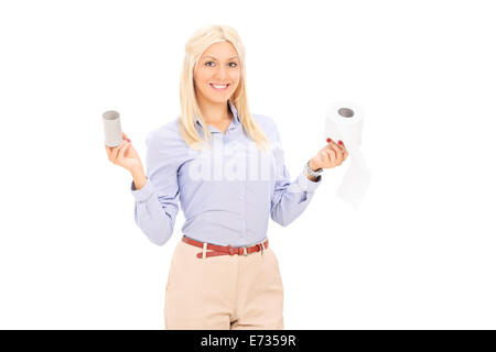 Woman holding two rolls of toilet paper isolated on white background Stock Photo