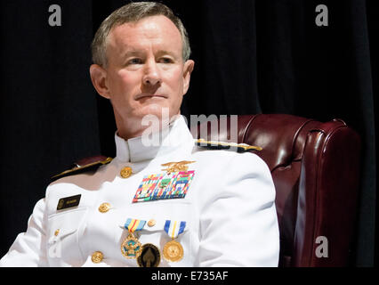 US Navy Adm. William H. McRaven listens to speakers during his retirement ceremony August 28, 2014 in Tampa, Florida. Stock Photo