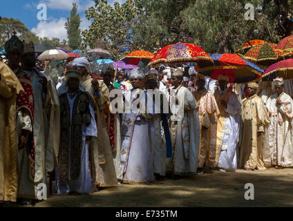 Ethiopian Orthodox Priests Celebrating The Colorful Timkat Epiphany Festival, Lalibela, Ethiopia Stock Photo