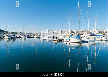 View of the boats, Marina, Santa Eulalia port, Ibiza, Balearic Islands, Spain, Mediterranean, Europe Stock Photo