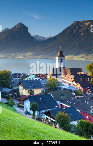 Elevated view over Parish Church and St. Wolfgang, Wolfgangsee lake, Flachgau, Salzburg, Upper Austria, Austria, Europe Stock Photo