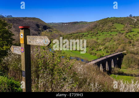 Monsal Head viaduct and footpath sign in spring, Peak District National Park, Derbyshire, England, United Kingdom, Europe Stock Photo