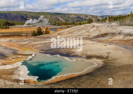 Doublet Pool, Firehole River and Castle Geyser, Upper Geyser Basin, Yellowstone National Park, UNESCO Site, Wyoming, USA Stock Photo