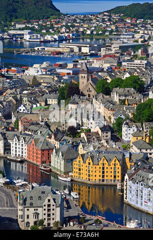 View from Aksla hill over the Art Nouveau buildings of Alesund and out to the open sea, More og Romsdal, Norway, Scandinavia Stock Photo