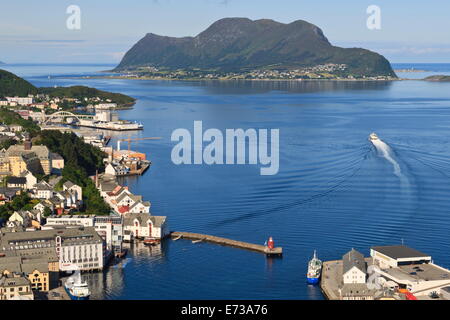View from Aksla hill over Alesund harbour and out to the open sea, More og Romsdal, Norway, Scandinavia, Europe Stock Photo