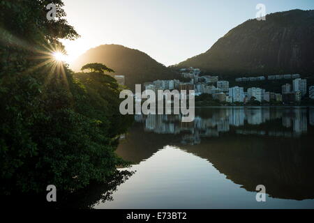 Early morning light on the Lagoa Rodrigo de Freitas, Rio de Janeiro, Brazil, South America Stock Photo