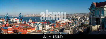 View of city and ports from Paseo 21 de Mayo, Cerro Playa Ancha, Valparaiso, Central Coast, Chile, South America Stock Photo