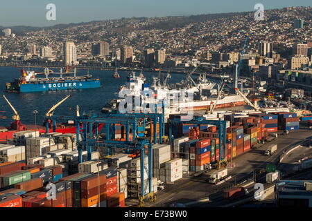 View of city and ports from Paseo 21 de Mayo, Cerro Playa Ancha, Valparaiso, Central Coast, Chile, South America Stock Photo