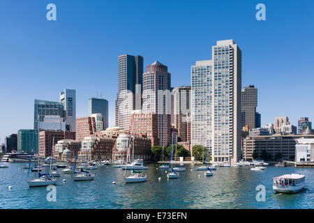 High rise buildings on the Boston skyline from the harbour, looking towards Atlantic Avenue and the Harborwalk. Stock Photo