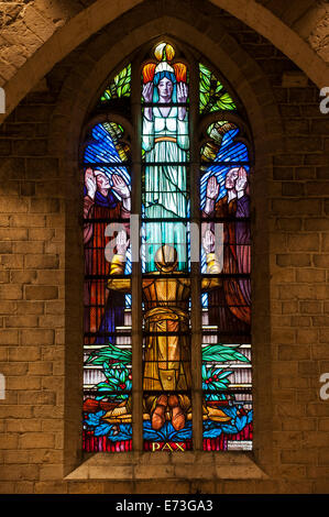 Stained-glass window in Necropolis with graves of Belgian World War One soldiers at Grimde near Tienen / Tirlemont, Belgium Stock Photo