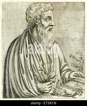 Pedanius Dioscorides (40-90AD) from “True Portraits…” by André Thévet published in 1594. See description for more information. Stock Photo