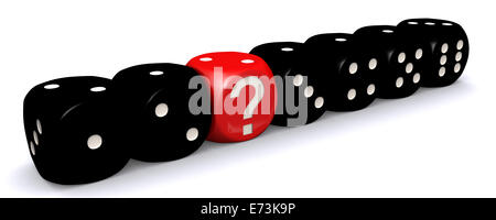 Red question mark dice standing out from black dices on white background Stock Photo