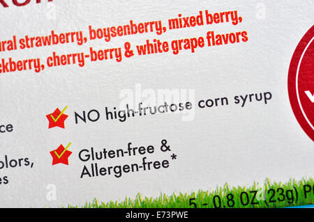 Gluten free and no high fructose corn syrup label on food package Stock Photo