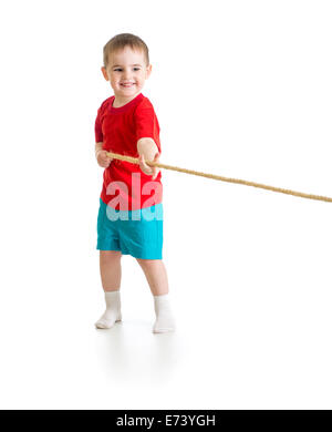 Liitle boy pulling rope isolated on white Stock Photo