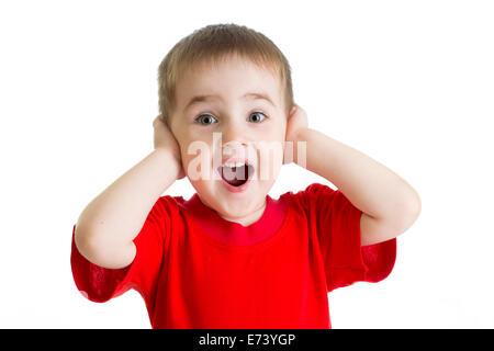 Surprised little boy portrait in red tshirt isolated Stock Photo