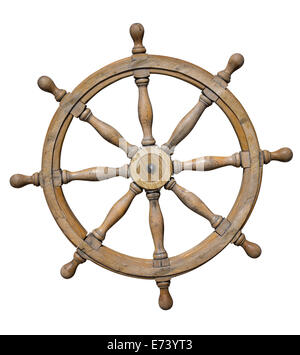 Steering wheel of ship isolated on white with clipping path included Stock Photo