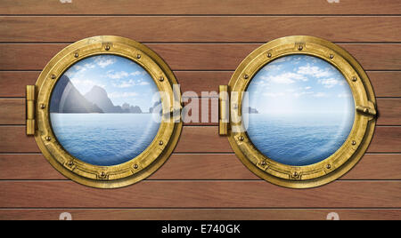 two ship windows or portholes with sea or ocean with tropical island. Travel and andventure concept. Stock Photo